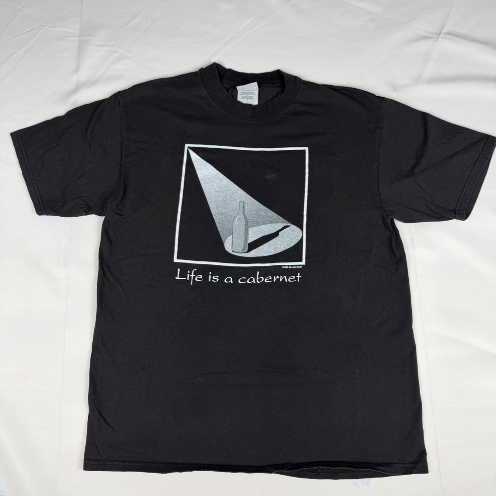 Vintage 1993 Hanes Beefy-T Life is a Cabernet Wine Graphic T-Shirt Black Mens L